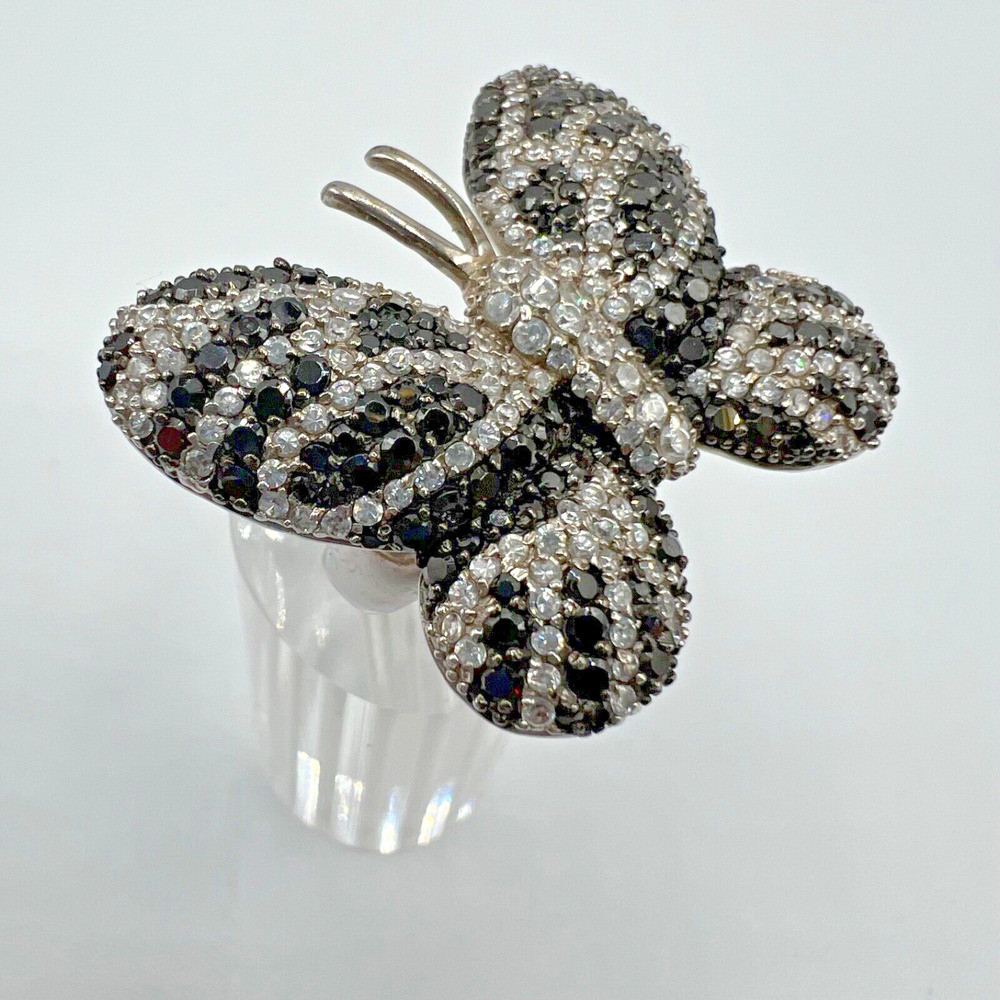 Black & White Sterling Silver Butterfly Ring - Size 9.75